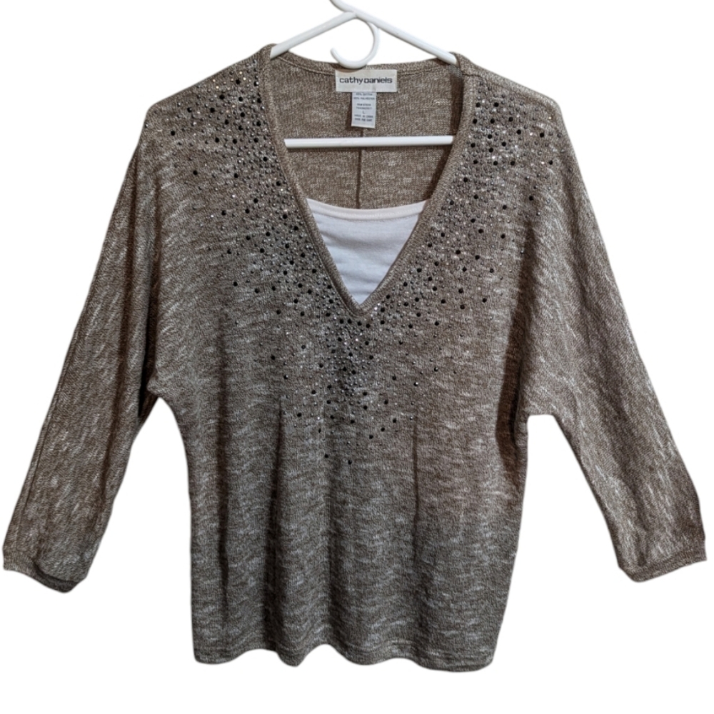 Cathy Daniels women's Light Brown V-Neck 3/4 Sleeve Top Large rhinestones w-175